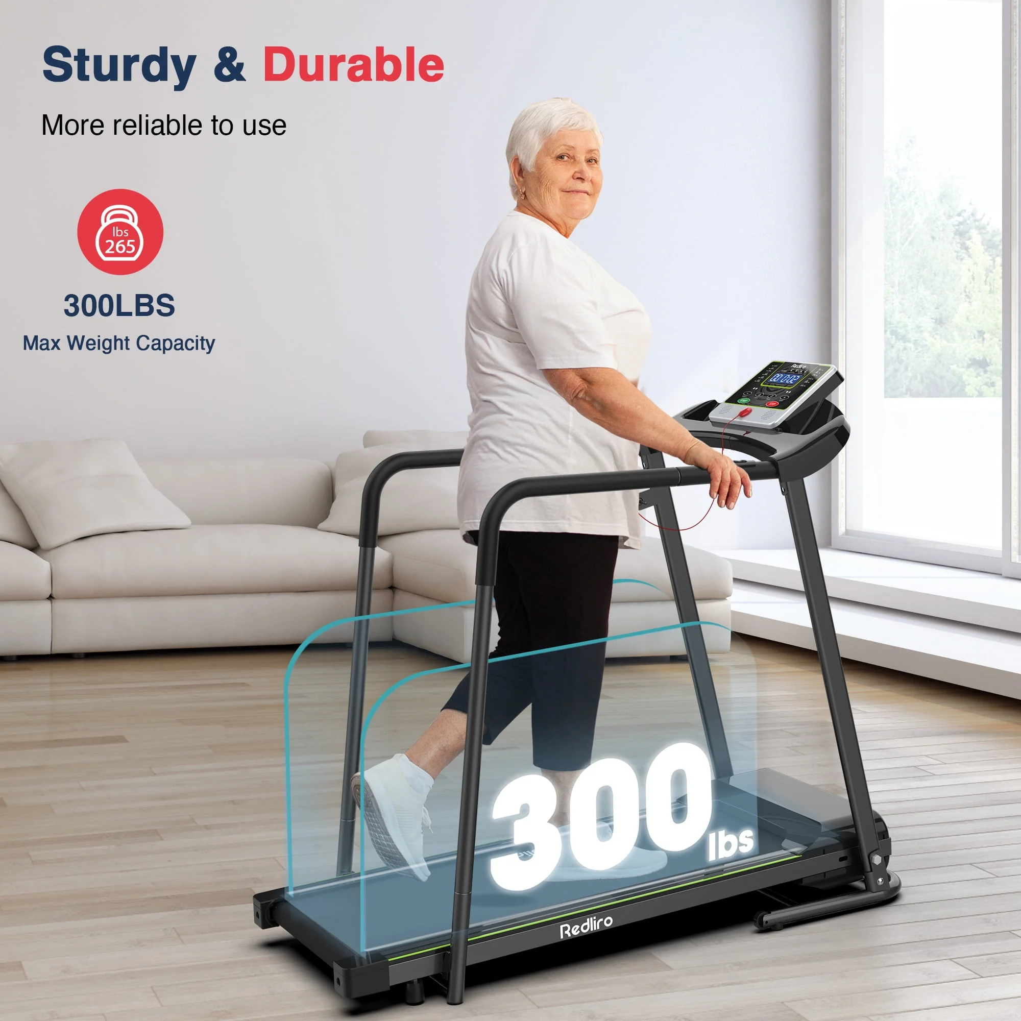 Redliro Folding Treadmill Walking Machine Heart Rate Sensor Handrails for Senior Recovery Home 2.25HP 300lbs