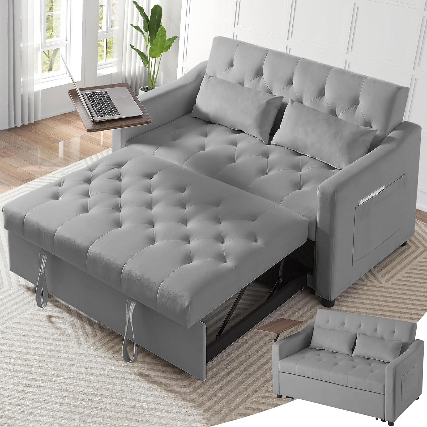3 in 1 Convertible Couch, Pull Out Sofa Bed with 3-Level Adjustable Backrest, Sleeper Loveseat with Storage and Pillows