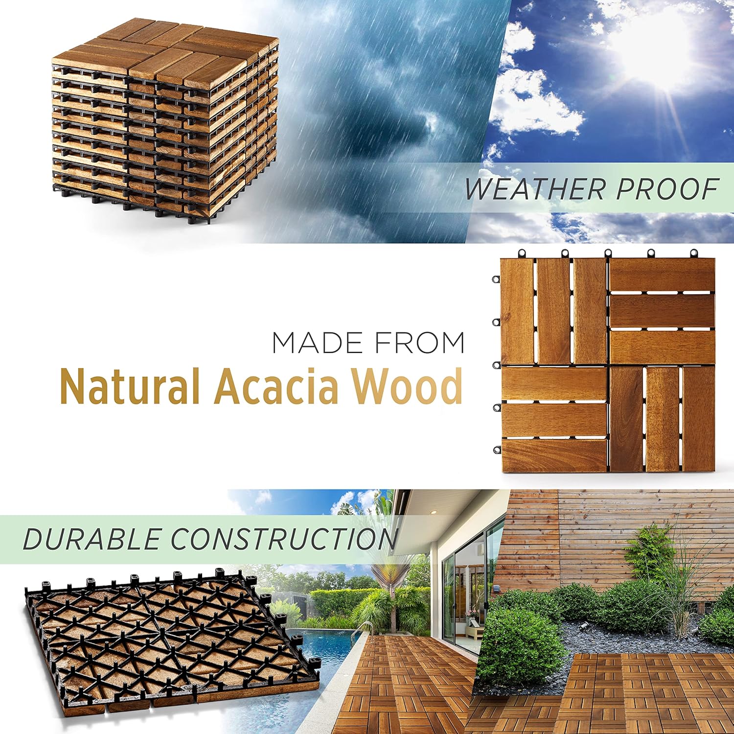 TAITIAT Solid Wood Interlocking Flooring Tiles (Pack of 10,12inx12in),Acacia Deck Tiles,Floor Tiles for Both Indoor and Outdoor Use