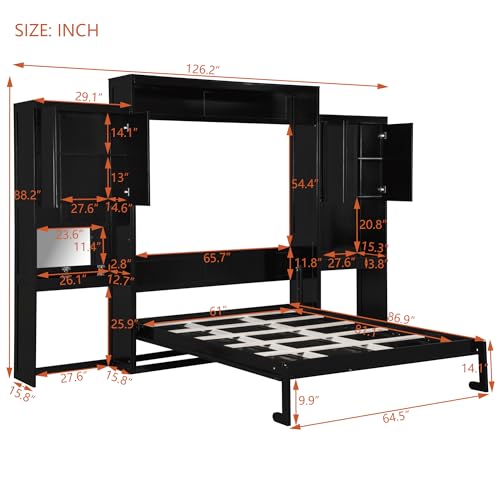 SOFTSEA Queen Size Murphy Bed with Desk and Storage, Wood Queen Wall Bed Frame with Vanity & Shelves, Space-Saving for Guest Room, Bedroom or Office