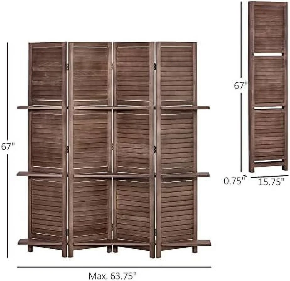 HOOMHIBIU 4-Panel Folding Room Divider  5.6 Ft Freestanding Paulownia Wood Privacy Screen Panel with  Shelves for Bedroom or Office  Walnut