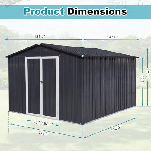 8x6 FT Outdoor Storage Shed, Metal Tool Shed with Lockable Doors, Peaked Roof & Frame Floor