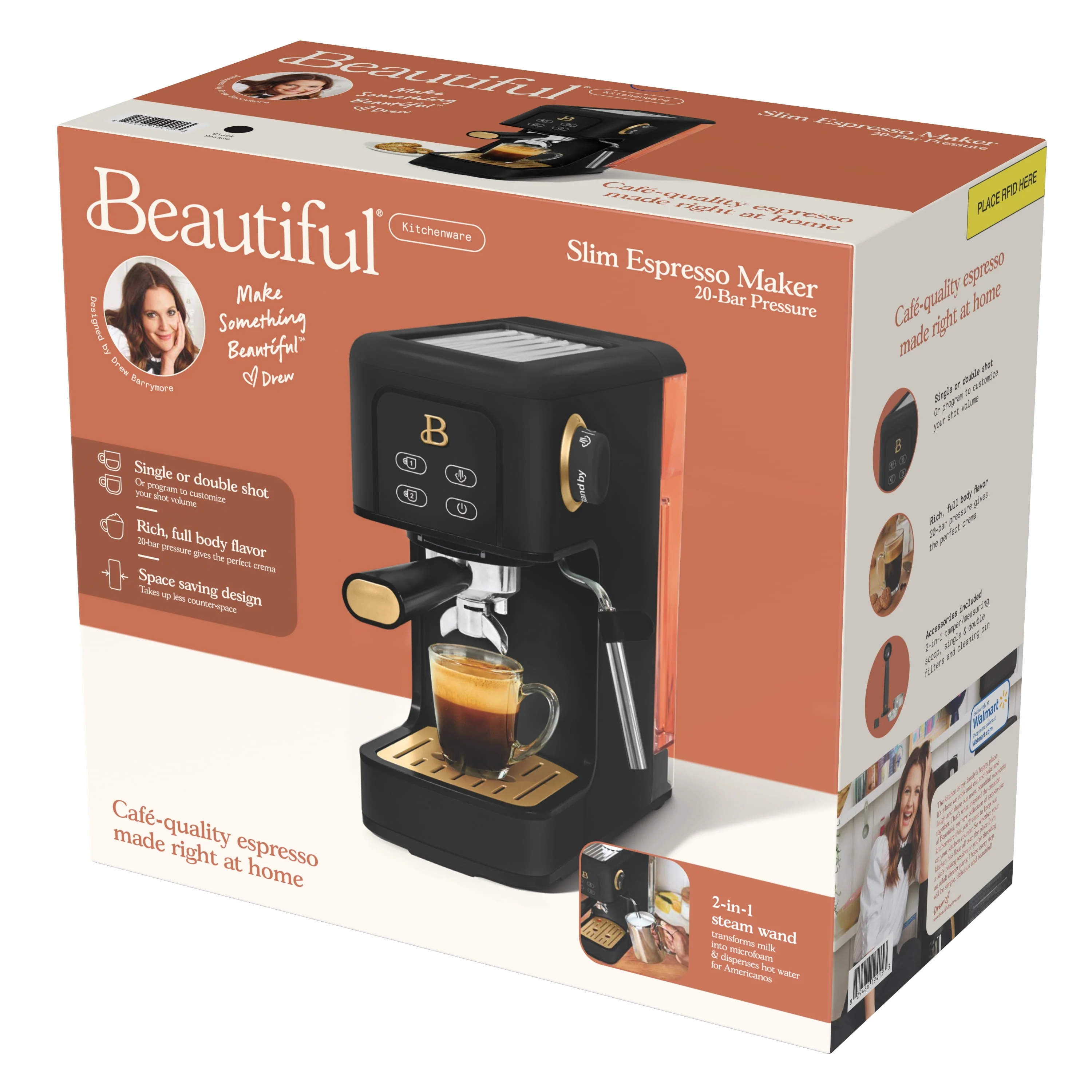 Beautiful Slim Espresso Maker with 20-Bar Pressure, White Icing by Drew Barrymore