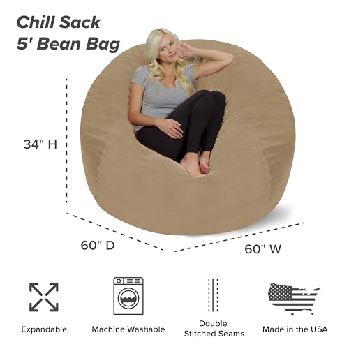 Chill Sack Bean Bag Chair - 5' Giant Memory Foam Lounge Chair with Soft Microfiber Cover – Cozy Furniture for Living Room, Dorm