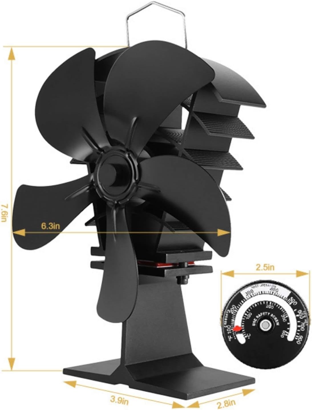 TEENGSE Heat Powered Wood Stove Fan 5 Blades with Thermometer