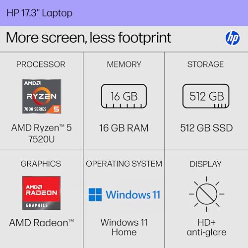 HP 17.3 inch Laptop, HD+ Display, AMD Ryzen 5 7520U, 16 GB RAM, 512 GB SSD, AMD Radeon Graphics, Windows 11 Home, Natural Silver, 17-cp2199nr