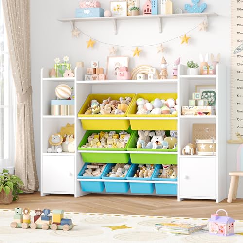 FOTOSOK 55''Large Toy Storage Organizer with 8 Toy Bins, Toy Organizers and Storage with Shelf and 6 Storage Cubbies, Bookshelf for Kids