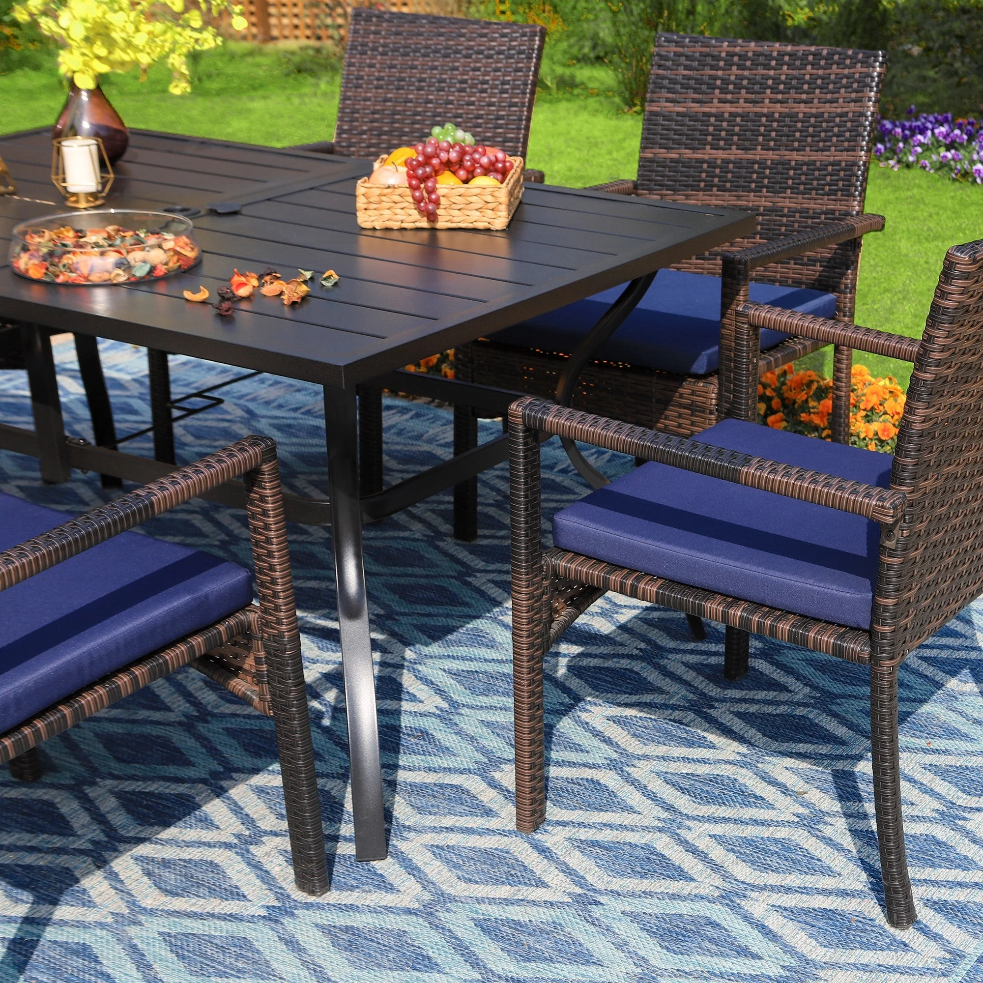 Sophia & William 8-Piece Outdoor Patio Set with 13 ft Navy Umbrella, Rattan Chairs & Rectangle Table for 6