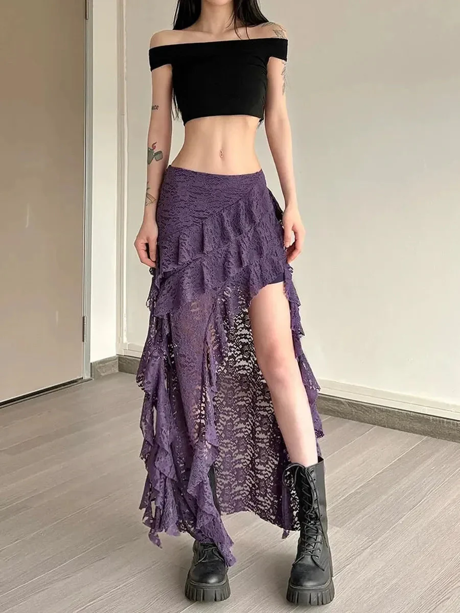 'Tipsy' Boho Style Lace Ruffle Irregular Hem Midi Skirt
