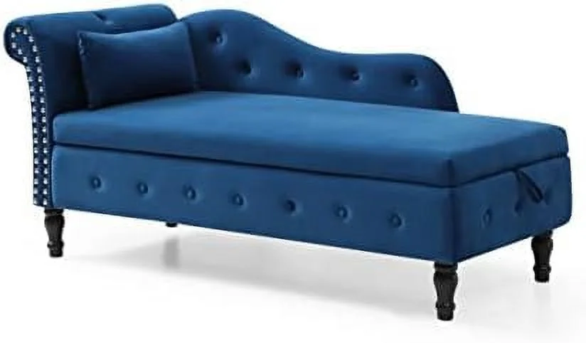 YZboomLife 60" Chaise Lounge Indoor Upholstered  Chaise Lounge Chair with Pillow， Lounge Chair for Living Room Bedroom Legs Solid Wood (Blue)