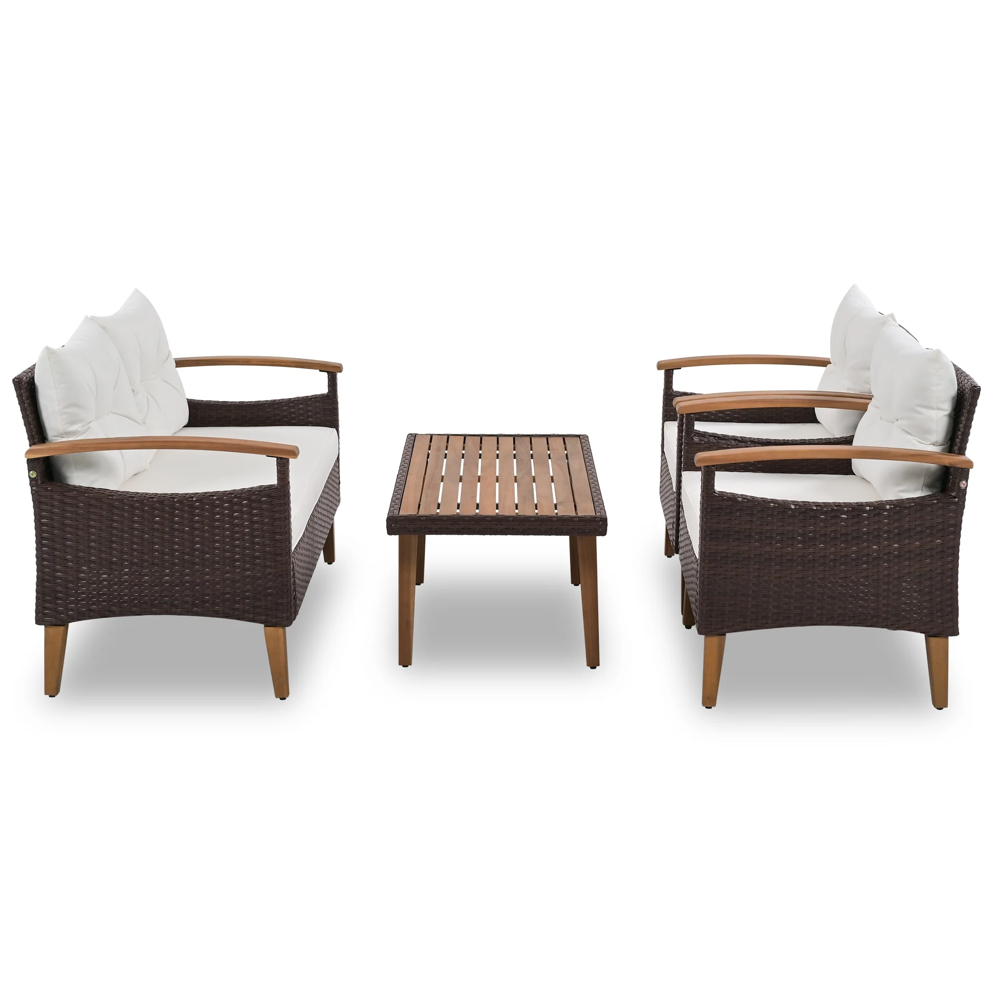 Churanty Patio Conversation Set, 4-Piece Outdoor Garden Furniture Set, Patio Seating Set, PE Rattan Outdoor Sofa Set, Wood Table and Legs