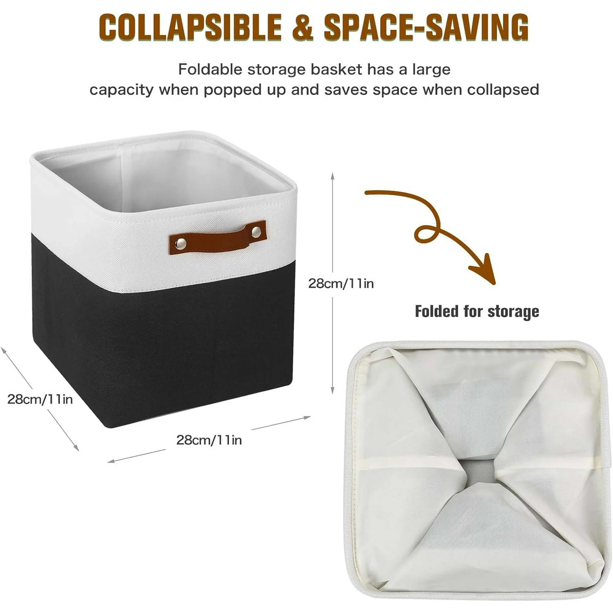 6 Pack Foldable Cube Storage Baskets 11x11 Inch with Leather Handles for Nursery, Closet &amp; Home Organization