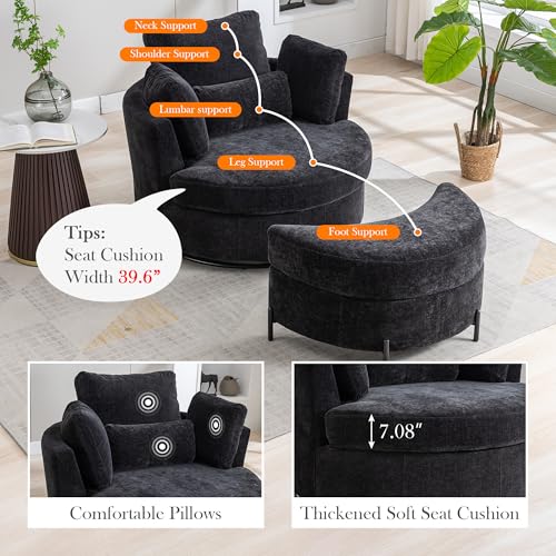 Aoiy & Wifon 42.2" W Oversized Swivel Barrel Chair with Ottoman, Upholstered Round Accent Chair with Storage Ottoman, Chenille, Beige