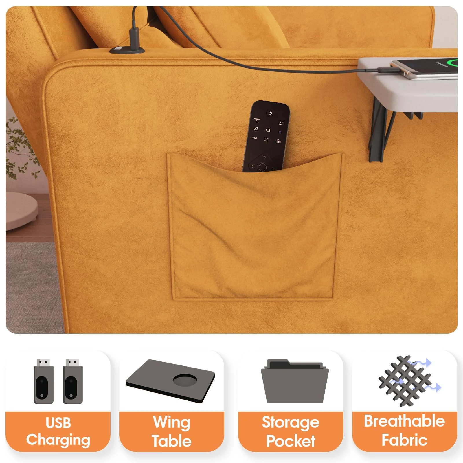 VEANERWOOD Sofa Bed Chair with Wing Table and USB Ports, 3-in-1 Sofa Chair Bed with Two Pillows, Velvet Sleeper Chair with Adjustable Backrest
