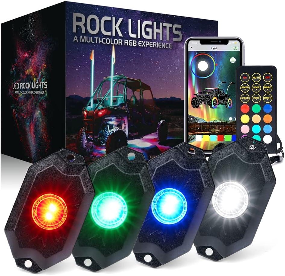 Xprite RGBW LED Rock Lights Kit w/Bluetooth & Wireless Remote Controller, Multicolor Cars Underglow, Whee Well, Footwell Neon Light Kits