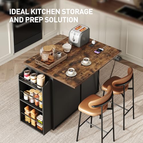 Kitchen Island with Power Outlet & Drop Leaf, Mobile Rolling Cart with Trash Can Storage, 3-Tier Spice Rack,Island Table for Kitchen, Dining Room