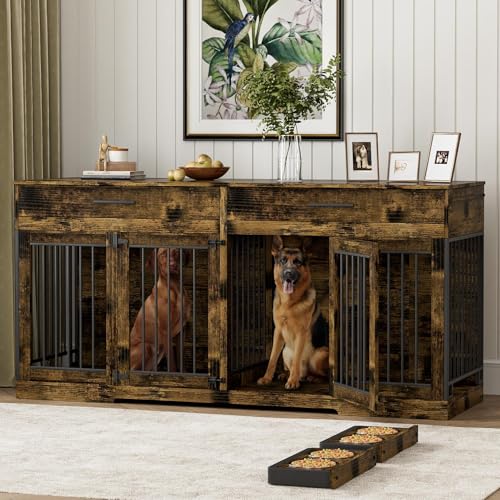 Rophefx 72" Dog Crate Furniture for 2 Dogs, Large Double Dog Kennel Indoor Furniture with 2 Storage Drawers and Removable Divider