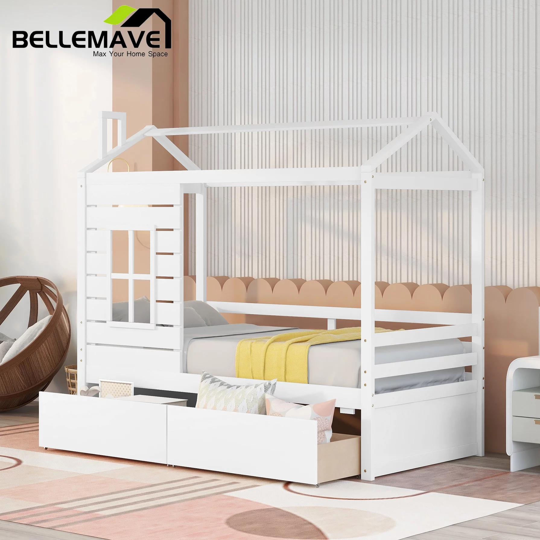 Bellemave Twin Size House Bed with Drawers Kids Bed with Storage Wooden Bed Frame with Guard Rails Twin Kids Bed Frame for Boys, Girls, White