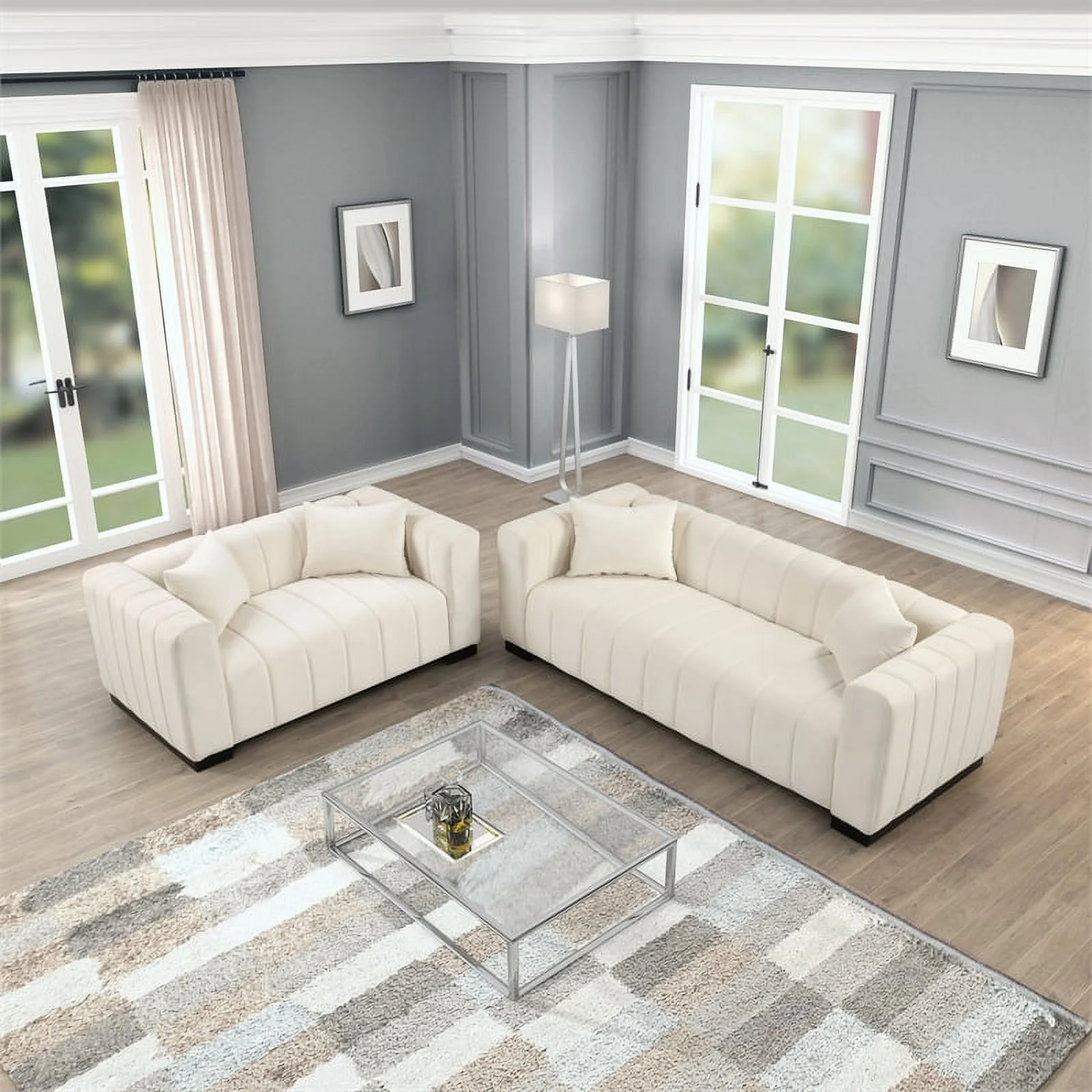 Rnfurnishings 3-PC Living Room Furniture Velvet Sofa+Loveseat+Armchair Set-Beige
