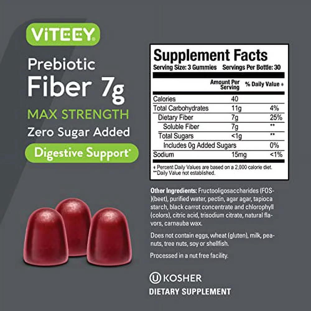 VITEEY Fiber 7g Gummies, Max Strength, Zero Sugar, Digestive Support, Fruit Flavor, 90 Count (Pack of 1) - Curated Treasures Market