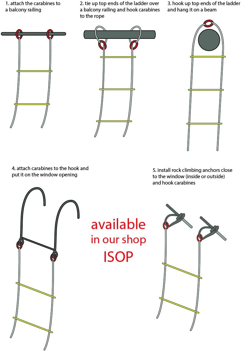 ISOP Fire Escape Ladder for Second Story Windows 13ft Weather Resistant Safety Rope Window Ladder Fire Escape 2 Story with Hooks (13ft with Hooks)
