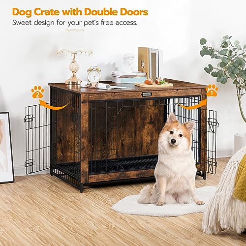 HOOBRO Dog Crate Furniture, 38.6" Large Dog Kennel Indoor, Wooden Cage with Pull-Out Tray