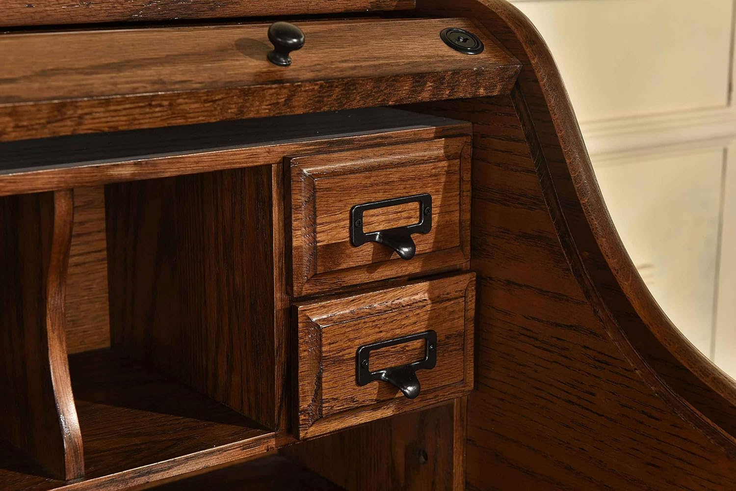 Mini Roll Top Desk Solid Oak Wood 32x 24x 44 Small Writing or Laptop Desk Burnished Walnut Finish Small Desk For Home Office, Kitchen, Bedroom