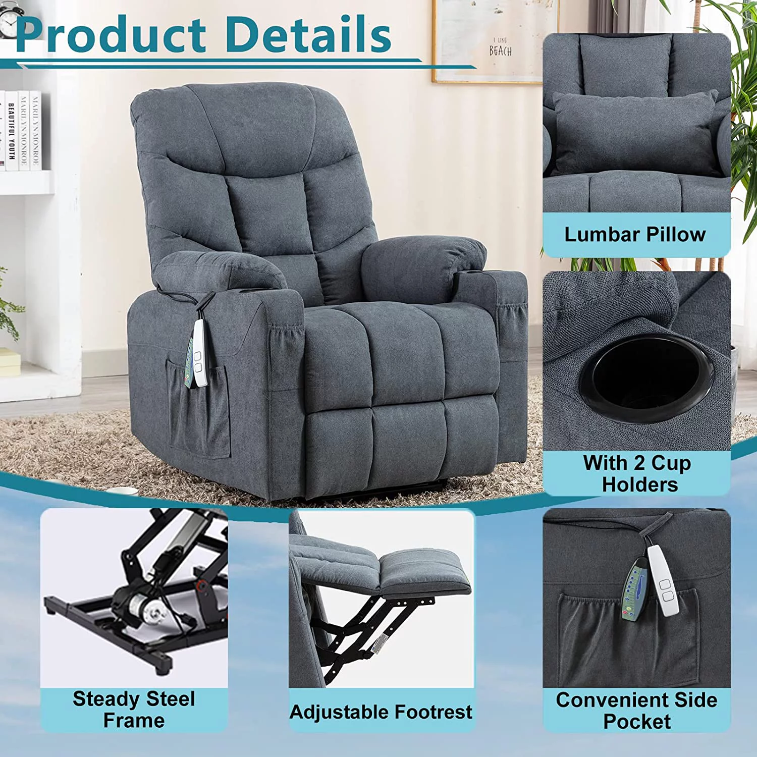 IPKIG Electric Power Lift Recliner Chair Sofa with Heat and Vibration, Lift Recliner Chairs for Elderly with Lumbar Pillow, Hand Remote Control