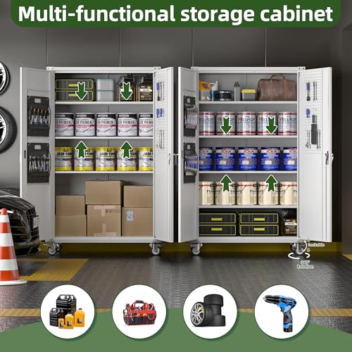 71" Metal Storage Cabinet with Wheels and Pegboard, Lockable Rolling Steel Storage Cabinet with 5 Adjustable Shelves and Door for Garage, Office