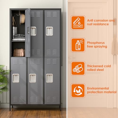 6 Door Metal Storage Locker 18 Hooks,Metal Locker for Employees with Lock for School Garage Office Gym Bedroom,Assembly Required