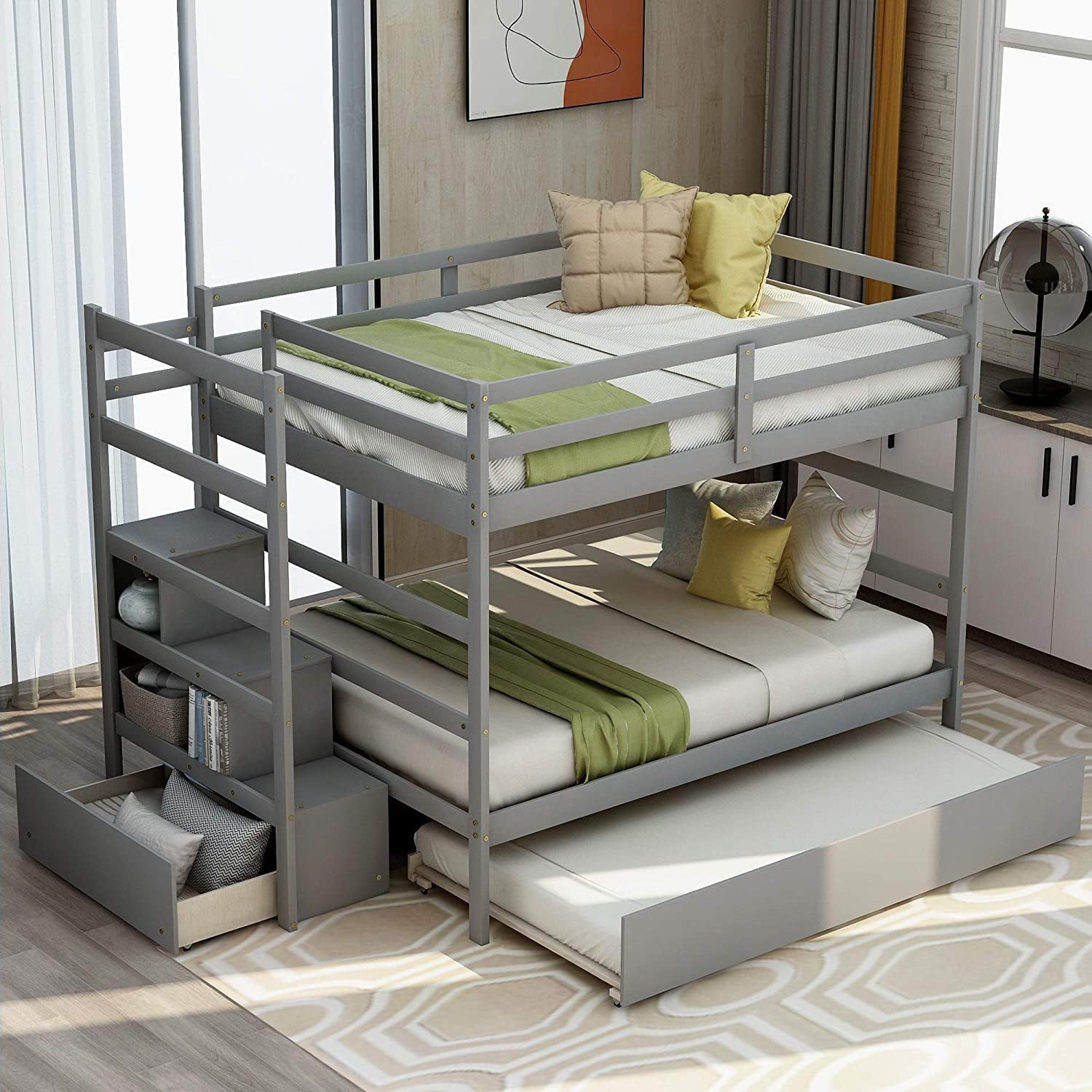 COODENKEY Twin Over Full Bunk Bed with Safety Guardrails & Ladder,Can be Separated,No Box Spring Needed, Perfect for Kids Bedroom, 78.7×55.9×62.3