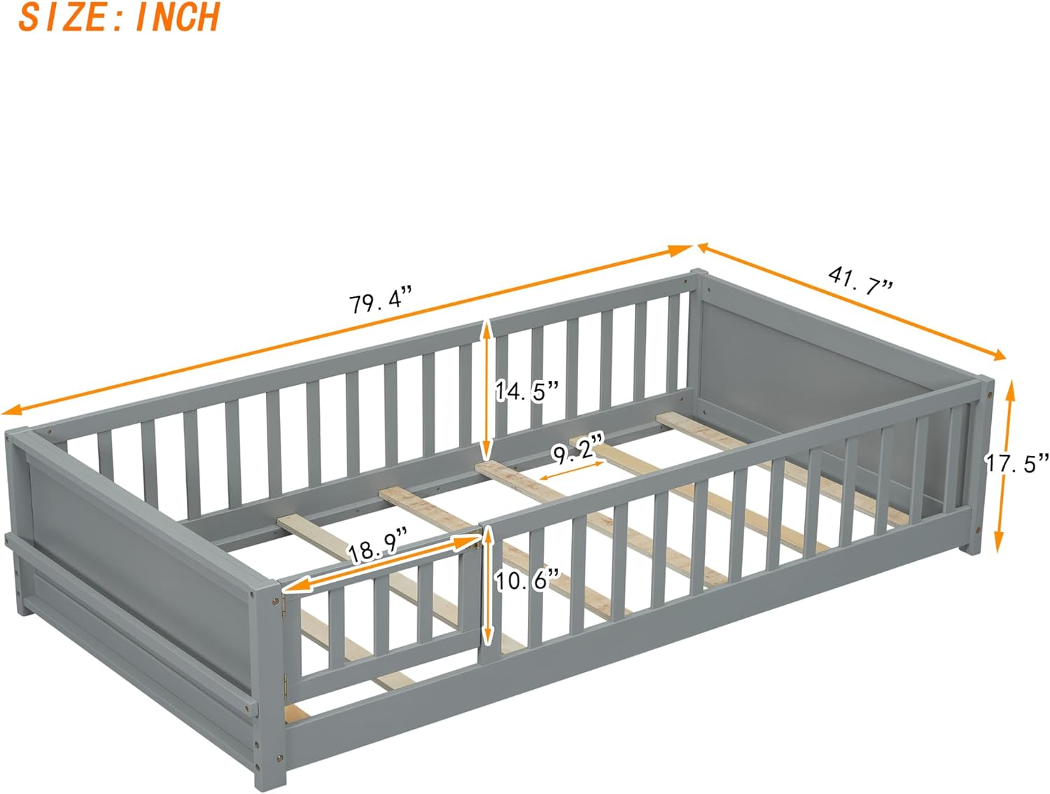 Bellemave Twin Size Floor Bed for Kids, Montessori Bed Frame with Safety Guardrails and Built-in Book Storage Rack