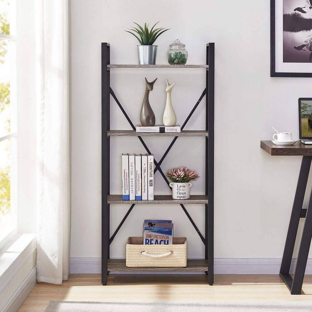 Bon Augure 4-Shelf Open Narrow Bookshelf, Vintage Industrial Bookcase, Rustic Wood and Metal Shelf, Dark Oak