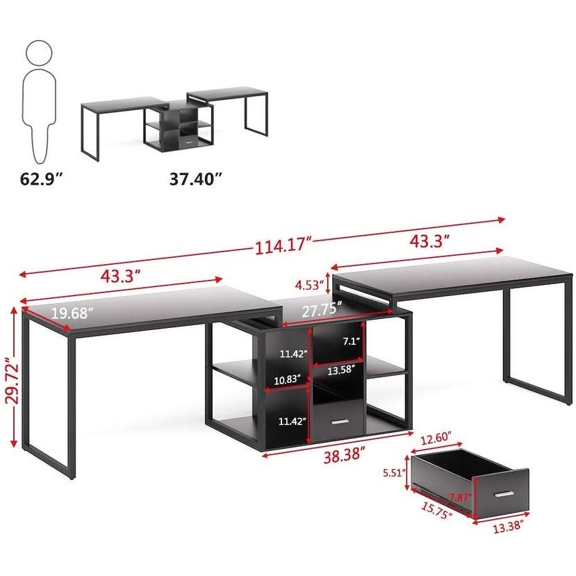 114 inch Double Computer Desk Two Person Office Desk with File Cabinet - Black