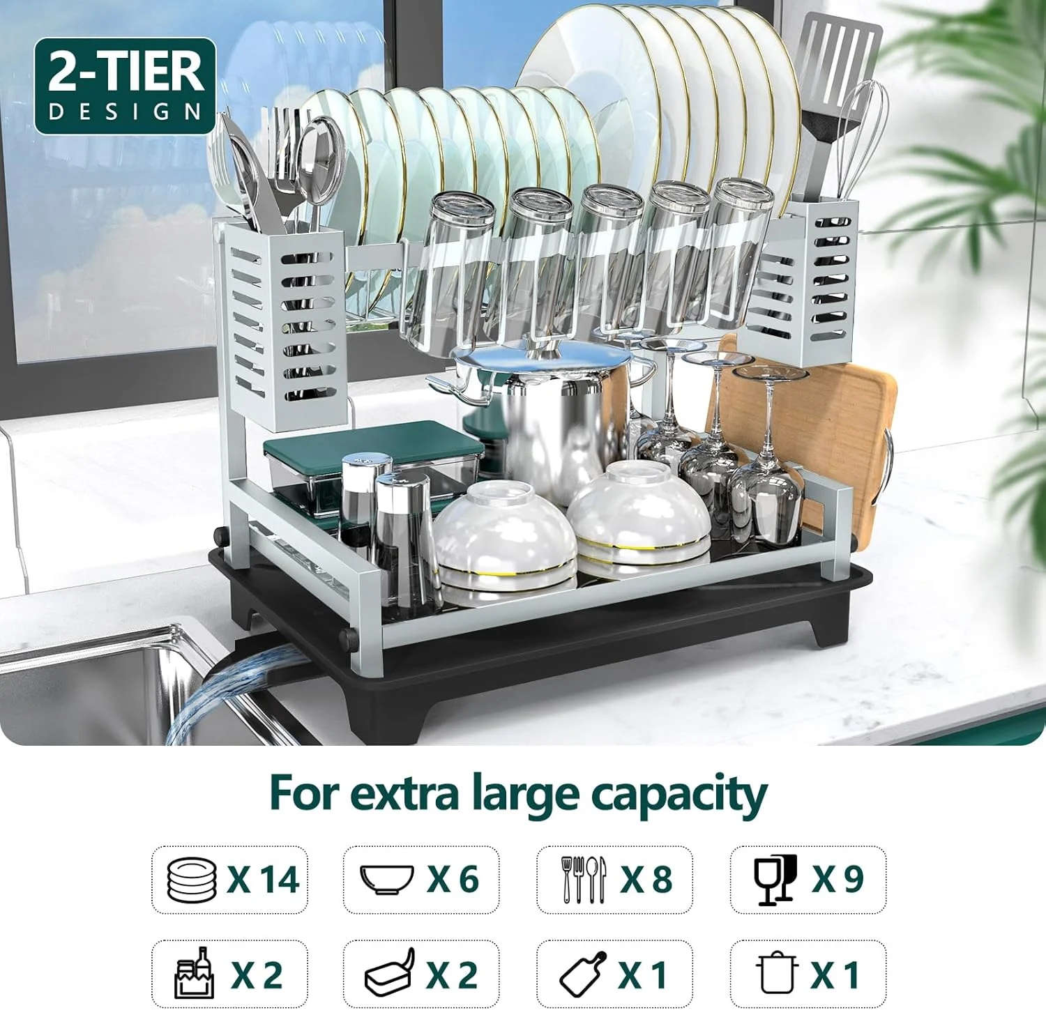 Dish Drying Rack: 2 Tier Dish Racks for Kitchen Counter and Sink - Large Dish Drying Rack with Drainboard &amp; Utensil Holders