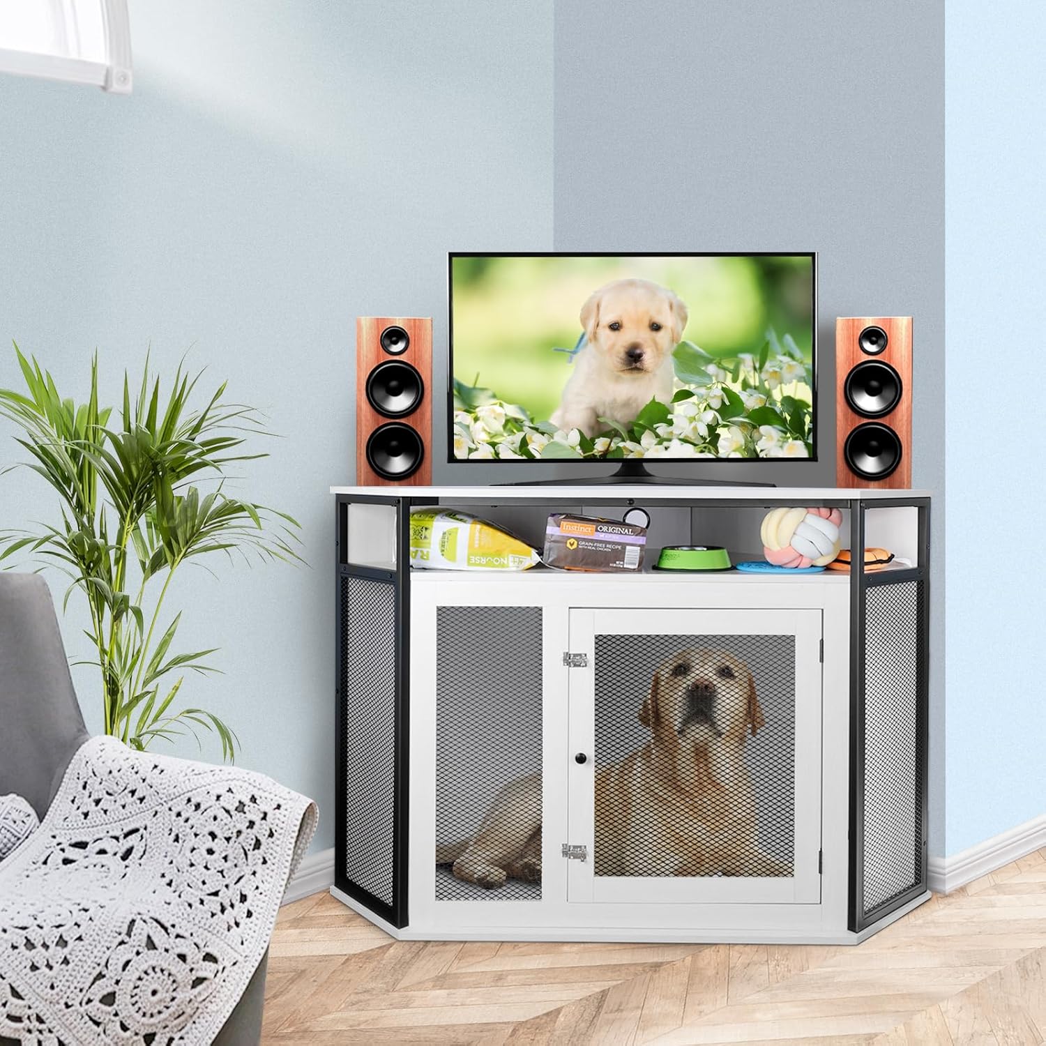 Dreamania Corner Dog Crate Furniture with Storage, 51.3" Upgraded Modern Dog Cage, End Table, Indoor Pet Crate Small Medium Large Dogs, White