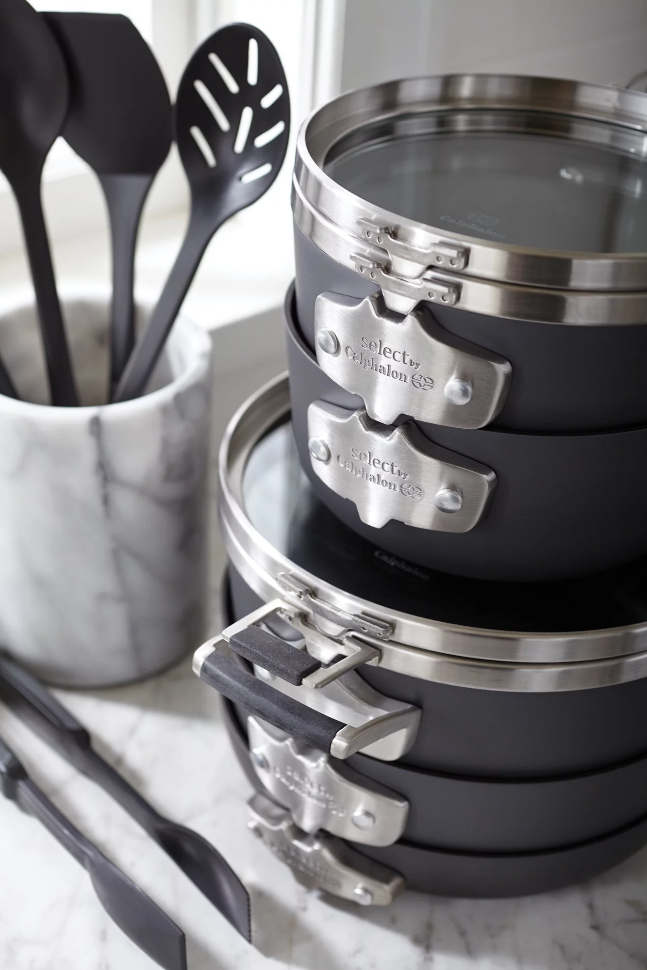 Select by Calphalon Space-Saving Hard Anodized Nonstick Pots and Pans, 14-Piece Cookware and Utensil Set - Curated Treasures Market