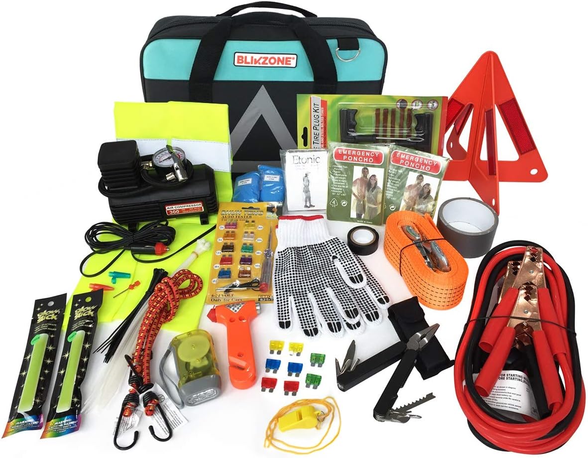 BLIKZONE Auto Roadside Emergency car kit Camo 81 Pc for Vehicle Emergency: Portable Air Compressor, Jumper Cables, Tire Repair Kit