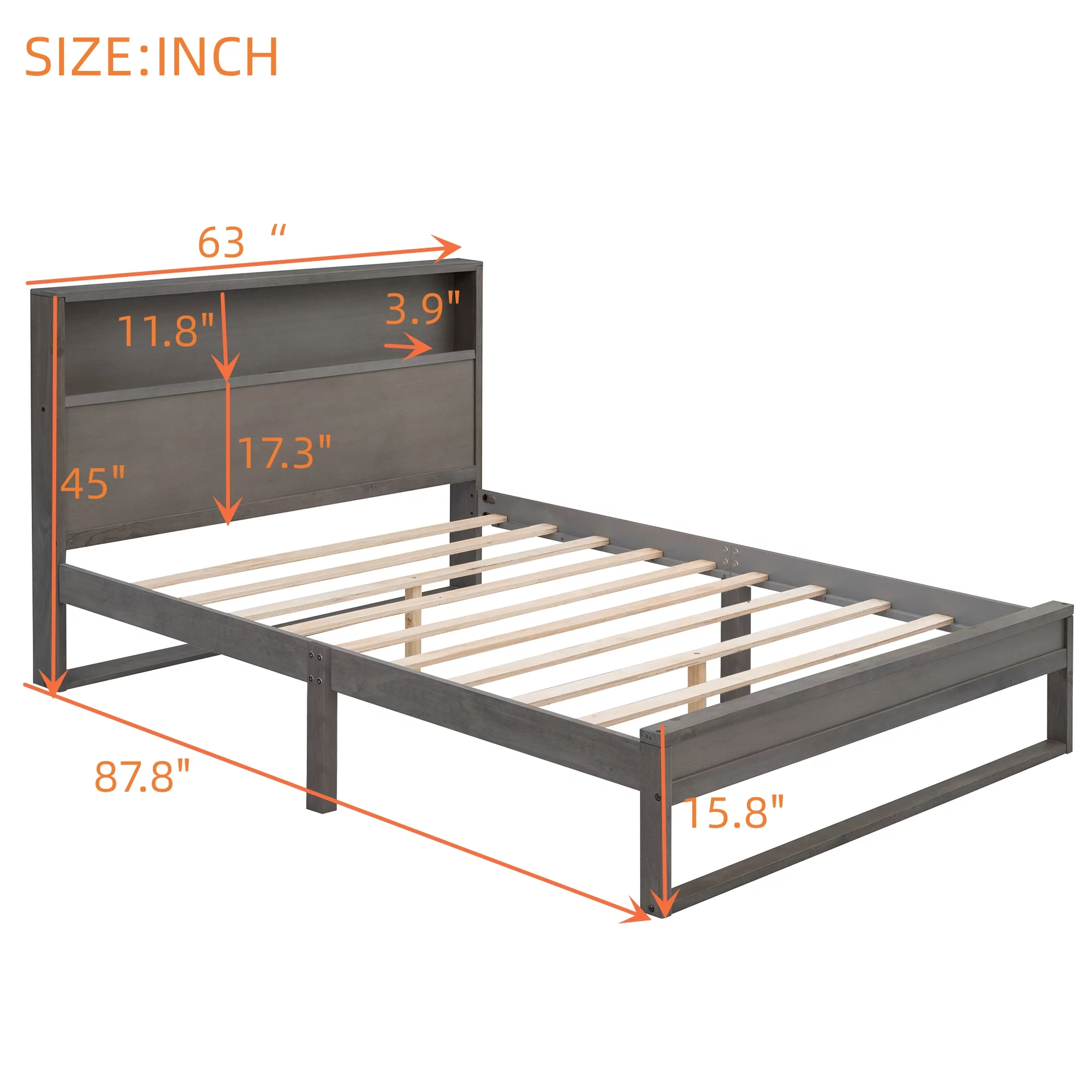 Bellemave Queen Bed with Storage Bookcase Headboard, Solid Wood Queen Size Platform Beds Frame with USB Ports & Outlets