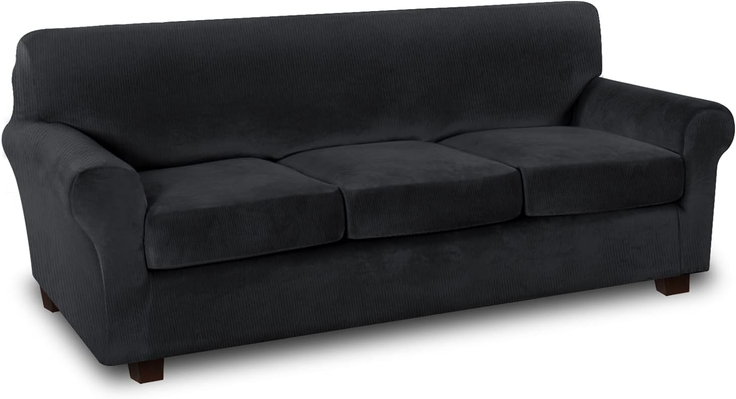 Thick Striped Velvet 4 Piece Stretch Sofa Covers Couch Covers for 3 Cushion Couch Sofa Slipcovers (Base Cover Plus 3 Cushion Covers) Feature Soft