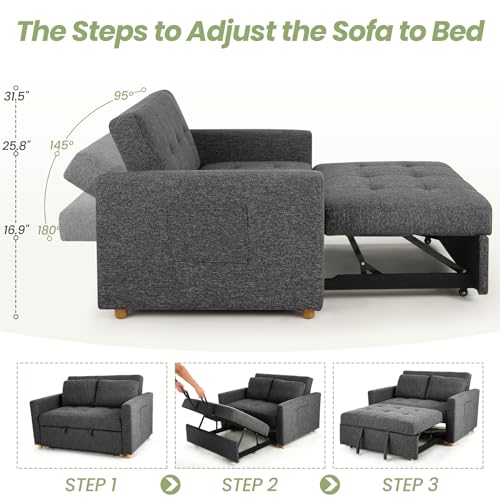 SEJOV 3-in-1 Convertible Sofa Bed, Linen Fabric Sleeper Couch Pull Out Bed, 49" 2-Seater Loveseat Futon Sofa with Spring Support