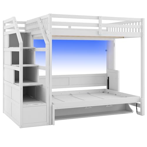 Merax Queen Size Murphy Bed, Wooden Queen Murphy Bed Wall Bed with Sofa and Cushion, for Home Office or Small Room, White