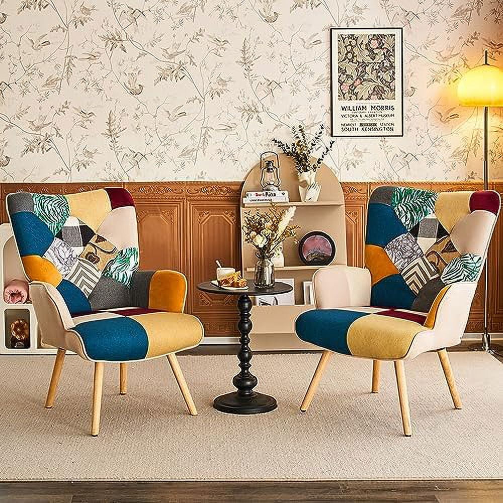 HOOMHIBIU Accent Chair  Living Room Chair  Modern High Back Armchair  Colorful Patchwork Reading Chairs for Bedroom  Lounge Chair with Linen Fabric