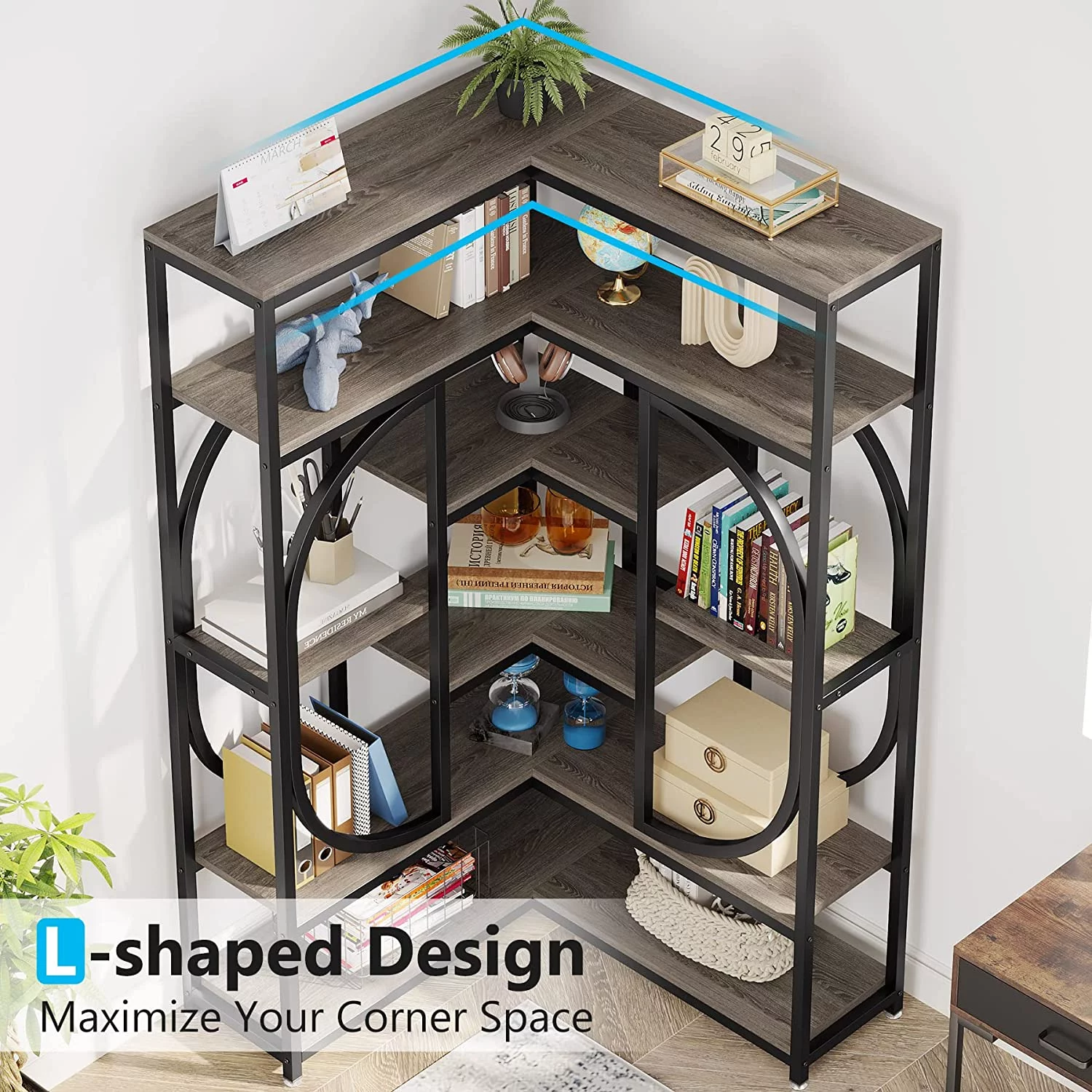 Tribesigns 7-Shelf Corner Bookshelf, L-Shaped Modern Corner Bookcase with Storage, Large Display Rack with Metal Frame for Living Room Home Office