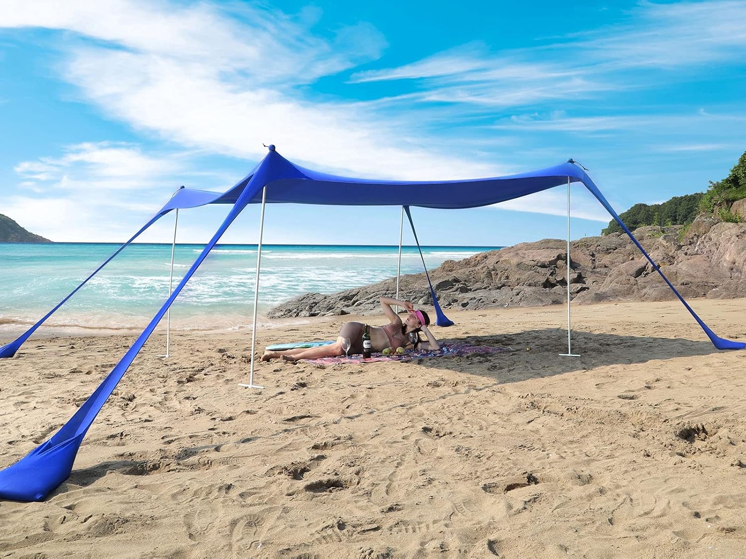 Sunhigo Beach Shade Canopy UPF50+ Family Beach Tent with 4 Aluminum Poles, Sand Shovel and Carry Bag