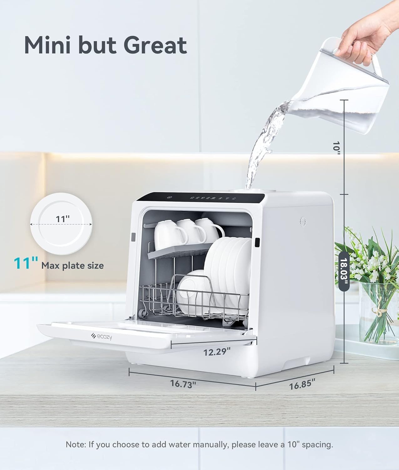 ecozy Portable Dishwasher Countertop, Mini Dishwasher with a Built-in 5L Water Tank, No Hookup Needed, 6 Washing Programs
