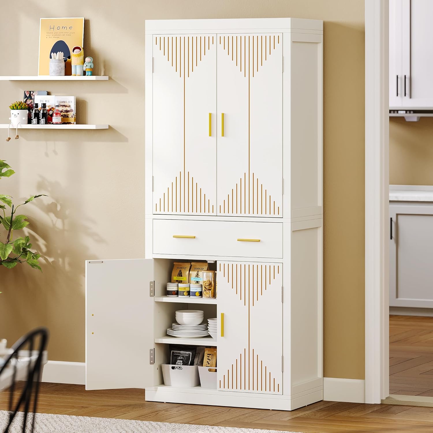 YITAHOME Pantry Cabinet, 72" Tall Kitchen Cabinet with Carved Design Doors