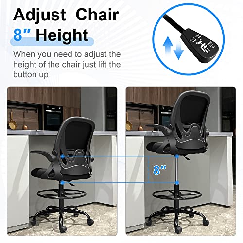 Primy Drafting Chair Tall Office Chair with Flip-up Armrests Executive Ergonomic Computer Standing Desk Chair with Lumbar Support and Adjustable