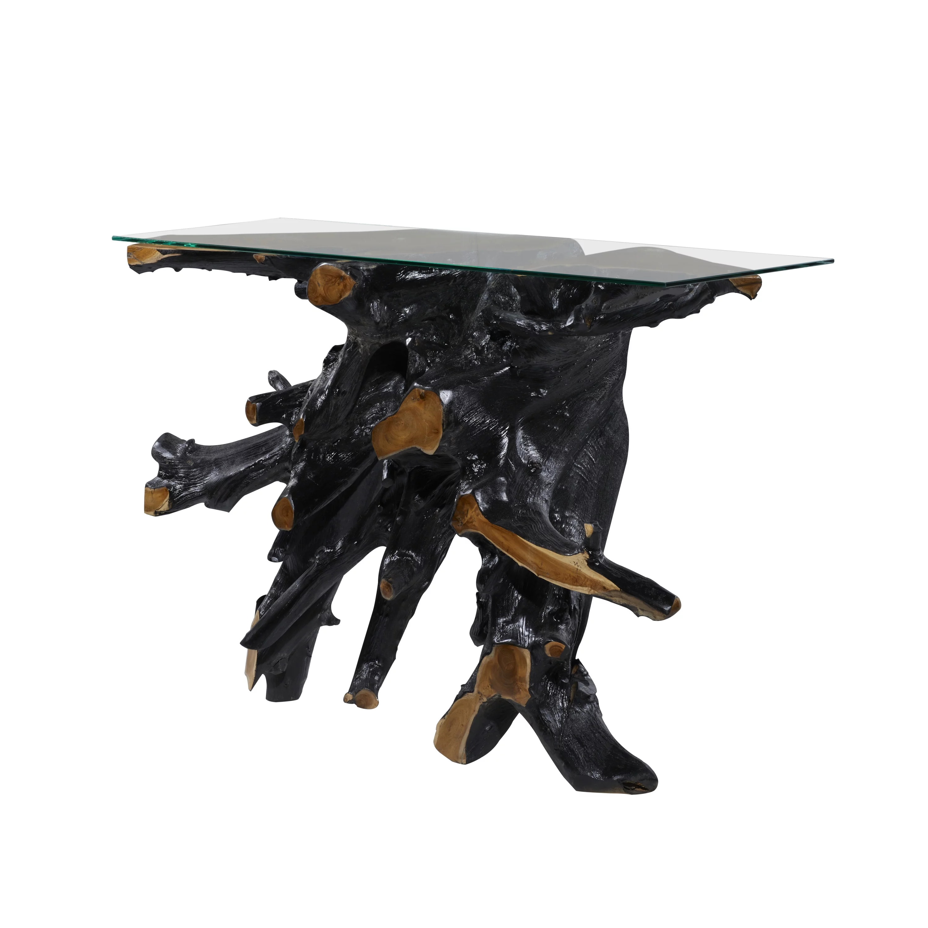 DecMode 49" x 32" Black Teak Wood Live Edge Tree Stump Console Table with Clear Glass Top, 1-Piece