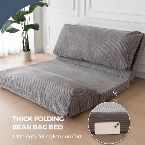 MAXYOYO Bean Bag Bed Folding Sofa Bed Floor Mattress for Adults, Extra Thick and Long Floor Sofa with Corded Washable Cover, Dark Grey, 30x95 Inch